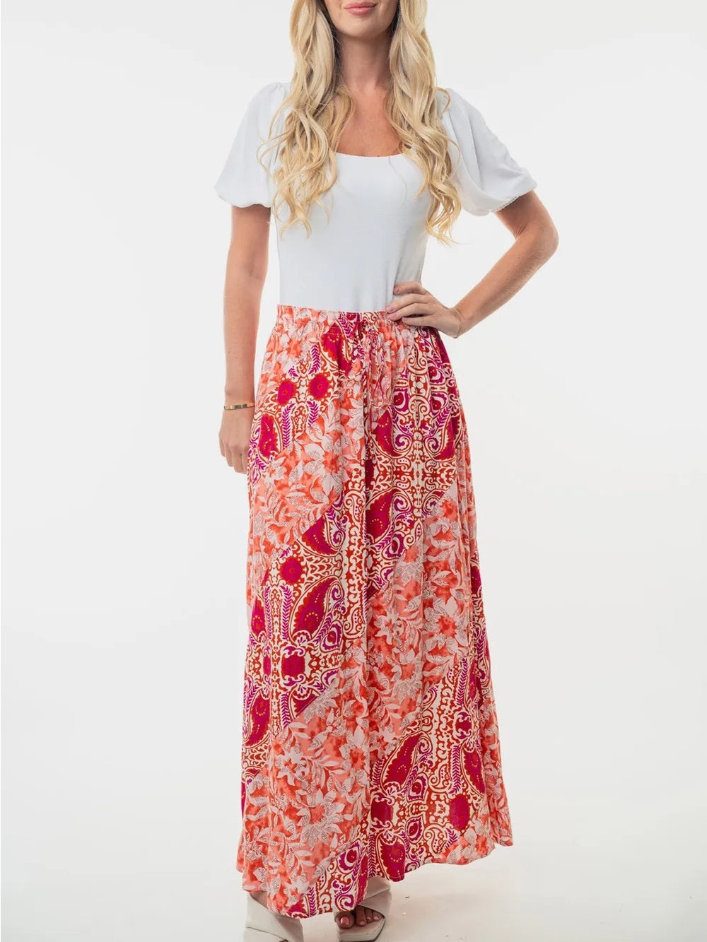 White Birch Coral and Fuchsia Paisley Maxi Skirt
